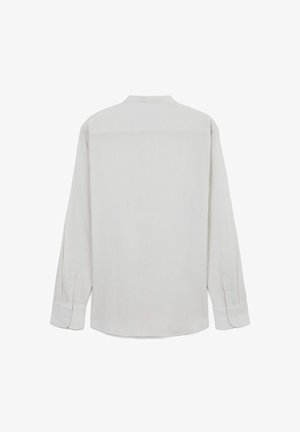 Hellgraues Langarmhemd aus strukturiertem Stoff. Verfügt über einen Kragen, Knopfmanschetten und ein gerades Rücken-Design ohne sichtbare Verzierungen.