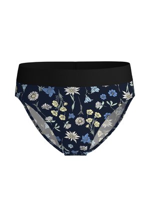 Slip da uomo blu navy con motivo floreale e vita elastica nera, caratterizzato da piccoli fiori bianchi, gialli e blu su uno sfondo scuro.