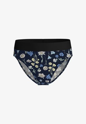 Marineblauwe slip met bloemenpatroon en zwarte elastische tailleband, versierd met kleine witte, gele en blauwe bloemen tegen een donkere achtergrond.