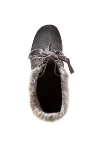 Grauer Wildlederstiefel mit runder Zehenform, strukturiertem grauem Fellfutter und Ripsbändern. Geeignet für kalte Wetterbedingungen.