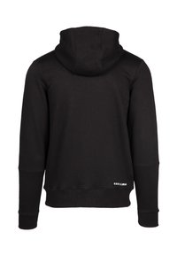 Felpa nera con una consistenza morbida, dotata di cappuccio con coulisse, polsini a coste e un dettaglio del logo vicino all'orlo. Design semplice e casual.