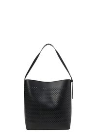 Sac en cuir noir avec design perforé, forme rectangulaire, bandoulière ajustable et fermeture éclair sur le dessus. Texture lisse, style minimaliste.