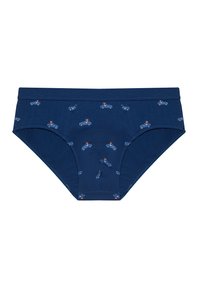 Slips in cotone blu navy con un motivo ripetuto di piccole auto cartoon. Tessuto morbido con una texture liscia e una vita standard.
