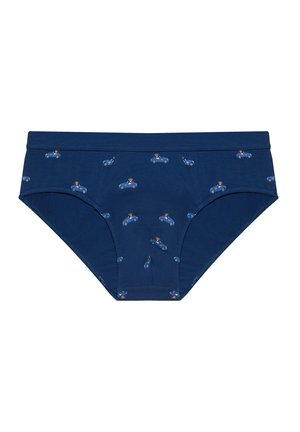 Navy blue cotton briefs featuring a repeated pattern of small cartoon cars. Soft fabric with a smooth texture and standard waistband.