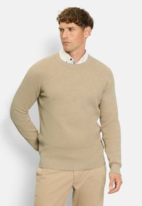 Beige Strickpullover mit strukturiertem Muster, Rundhalsausschnitt und gerippten Bündchen; kombiniert mit einem Hemd mit Kragen. Schlichtes und tailliertes Design.