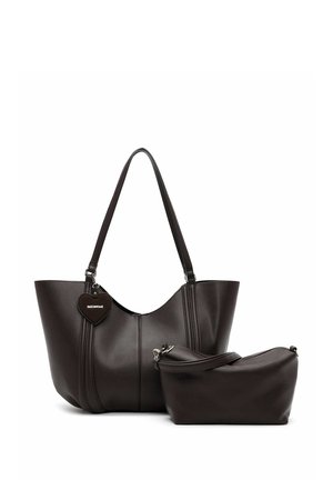Dark brown leather tote handbag with two handles and matching smaller zippered pouch placed in front.