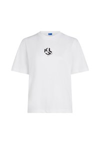 T-shirt branco de mangas curtas com decote redondo e pequeno logótipo preto "KL" centrado no peito.