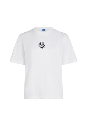 Bela kratka majica s kratkimi rokavi in okroglim izrezom, na sredini prsnega dela pa je majhen črn logotip "KL".