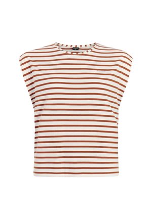 Sleeveless white top with brown horizontal stripes and a round neckline, featuring subtle branding near the chest.