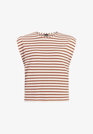 Mouwloze witte top met bruine horizontale strepen en een ronde hals, met subtiele branding nabij de borst.