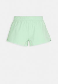 Pantalones cortos de color verde claro con una cinturilla elástica, que presentan un diseño simple y ligeras aberturas laterales para facilitar el movimiento. Sin herrajes visibles.
