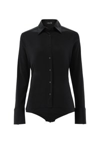 Black long-sleeve bodysuit with a collared neckline, button front, and fitted design. Smooth fabric with structured cuffs and a seamless bottom.