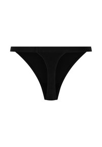 Un string noir sans coutures avec une taille étroite et une couverture minimale, présenté sur un fond blanc.