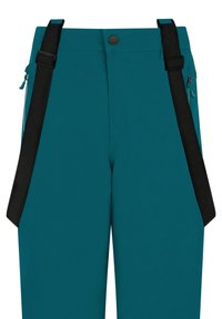 Tyrkysové nohavice s nastaviteľnými čiernymi trhacími popruhmi, zapínaním na gombík a zipsovými bočnými vreckami. Hladká tkanina s priliehavým strihom.