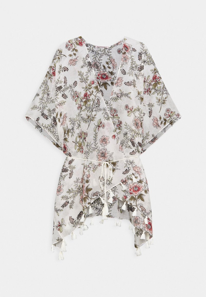 Kimono blanc à manches courtes à motifs floraux roses et verts, ceinture à nouer à la taille et pompons le long de l'ourlet asymétrique.