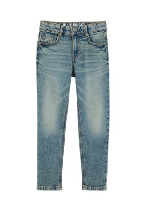 Jeans di denim azzurro chiaro con taglio dritto, finitura sbiadita, cinque tasche e etichetta del marchio sulla vita.