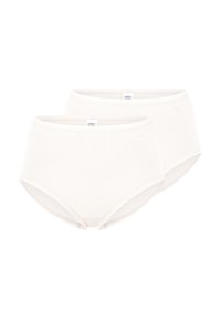 White cotton high-waisted briefs, featuring a smooth texture, elastic waistband, and subtle branding on the front. Two pieces included.