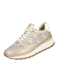 Zapatillas de cuero dorado perforado con acentos blancos, punta redonda, suela plana y cordones blancos. Presentan un acabado texturizado y un detalle de logo.