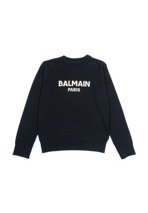Maglione a maglia blu navy con colletto rotondo, maniche lunghe e testo ricamato bianco che recita "BALMAIN PARIS" sul davanti.