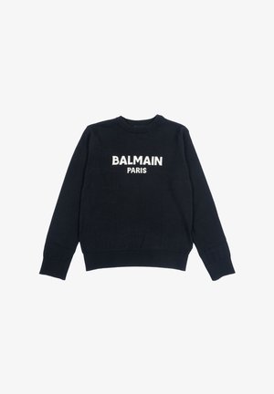 Maglione a maglia blu navy con colletto rotondo, maniche lunghe e testo ricamato bianco che recita "BALMAIN PARIS" sul davanti.