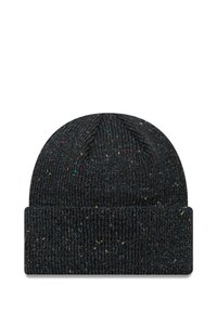 Gebreide beanie in donkergrijs met kleurspikkels. Beschikt over een omgeslagen rand en een getextureerd patroon. Gemaakt van zacht, warm materiaal.