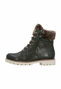 Grøn læder ankelstøvle med faux fur krave, metal lynlås og brune snøre detaljer. Kraftig hvid gummisål med struktureret dæk.
