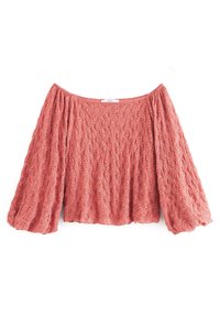 Off-the-shoulder bluse i koral, med et struktureret stof med et blomstermønster og lange, puffede ærmer. Afslutning med pynt.