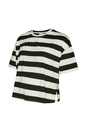 T-shirt à manches courtes noir et blanc avec larges rayures horizontales, col rond et fentes latérales.