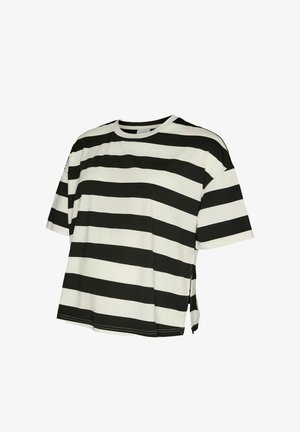 Mustvalge laia horisontaalse triibuga lühikeste varrukatega t-särk ümarkaelusega ja külgsete lõhikutega.