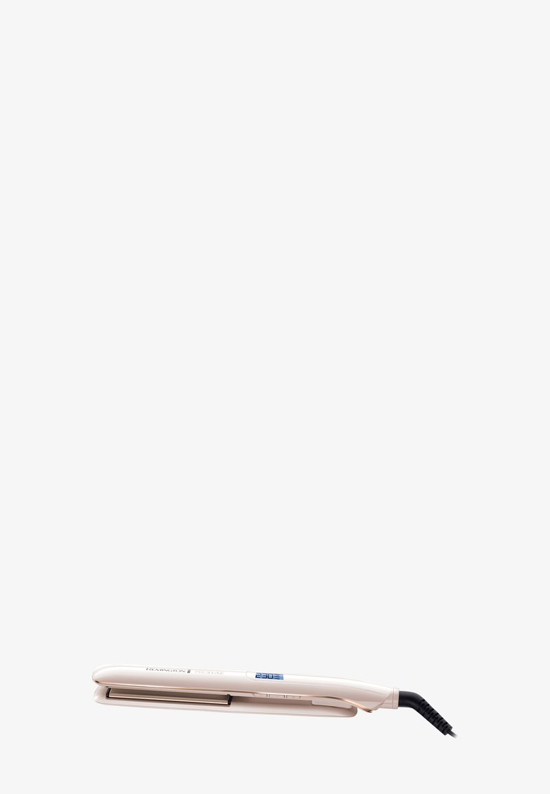 Plancha de pelo compacta de color beige con pantalla digital de temperatura y cable de alimentación giratorio negro sobre fondo blanco.