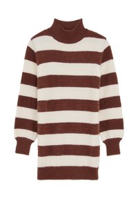 Hnedý a krémový pruhovaný rolák s jemnou, nadýchanou textúrou, s dlhými rukávmi a rebrovanými manžetami a golierom.