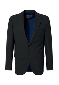 Schwarzer Blazer mit zwei Knöpfen, einem angedeuteten Revers und zwei vorderen Taschen. Strukturierter Stoff mit einem blauen Innenfutter. Klassisches, tailliertes Design.