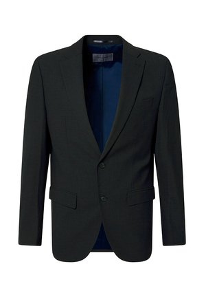 Schwarzer Blazer mit zwei Knöpfen, einem angedeuteten Revers und zwei vorderen Taschen. Strukturierter Stoff mit einem blauen Innenfutter. Klassisches, tailliertes Design.