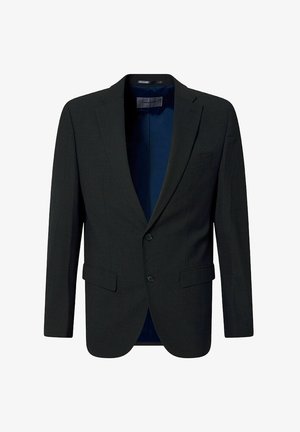 Zwarte blazer met twee knopen, een geknipt revers en twee voorzakken. Getextureerde stof met een blauwe binnenvoering. Klassiek tailormade ontwerp.