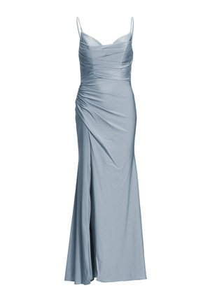 Vestido de noche azul claro con tirantes finos, cuerpo fruncido y una abertura lateral. Confeccionado en un material suave y fluido que cae con elegancia.