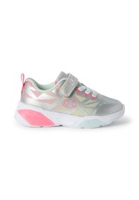 Scarpe sportive argento con tomaia in rete, accentuata da motivi rosa e menta. Presenta una fascia in Velcro e una suola bianca imbottita.