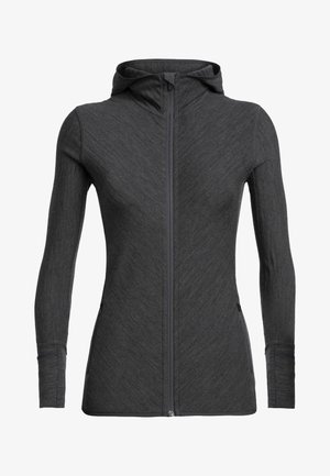 Dark gray zip-up hoodie with a fitted design, long sleeves, and a hood. Made from a textured fabric with slight stretch and no additional embellishments.