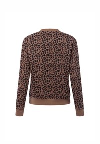 Bluza w panterkę w odcieniach brązu, z okrągłym dekoltem, długimi rękawami oraz ściągaczami przy mankietach i u dołu. Miękka tekstura, casualowy styl.