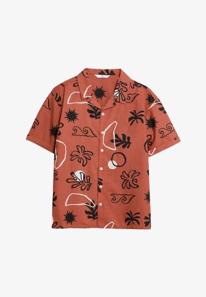 Chemise à manches courtes en tissu rouille avec des motifs abstraits noirs et des accents blancs. Dotée d'un col et d'une fermeture par bouton.