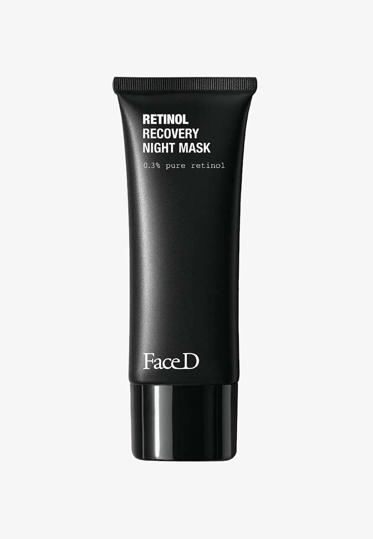 Black tube packaging with a matte finish, featuring white text. Designed for a retinol night mask, includes pump nozzle for dispensing.