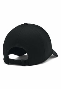 Black baseball cap with a textured fabric, curved brim, and adjustable strap at the back. No visible logos or patterns.