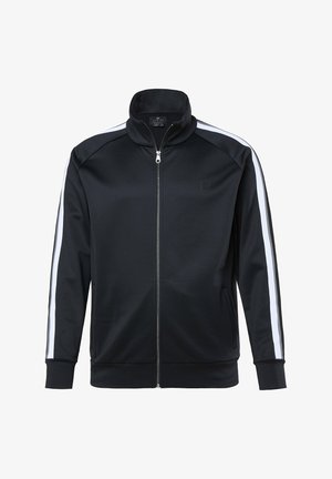 Schwarze Trainingsjacke mit Reißverschluss, weißen Streifen entlang der Ärmel, hohem Kragen und Seitentaschen.