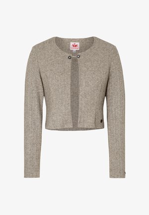 Gray knitted cardigan with long sleeves, cropped design, round neckline, and snap closure detail. Textured pattern throughout.