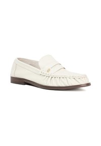 White leather slip-on shoe with gathered detailing at the toe, a flat brown sole, and subtle stitching accents. Smooth texture overall.