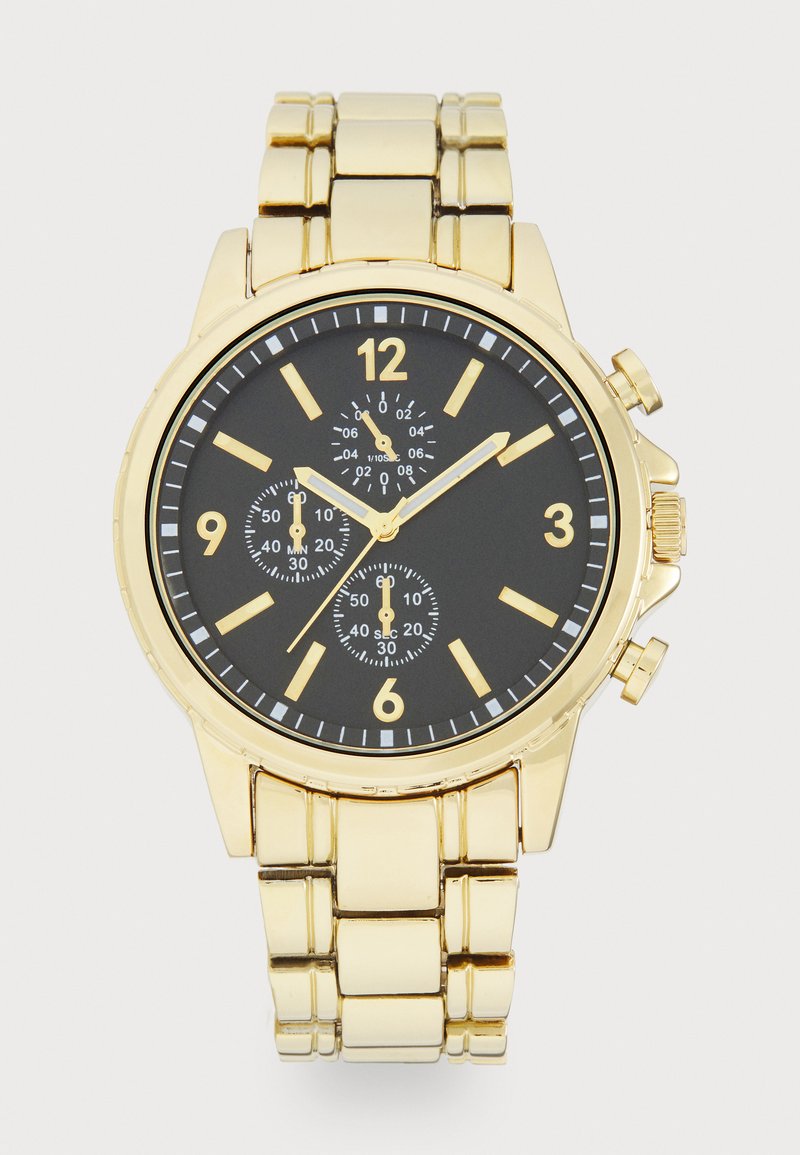 Gold-tone metal watch with a black dial, large gold hour markers, and three sub-dials. Features a linked metal bracelet and chronograph function.