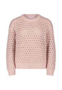 Różowy sweter wykonany na drutach z teksturowanym wzorem małych dziurek, okrągłym dekoltem oraz ściągaczami przy mankietach i u dołu. Lekki blask dodaje subtelnego charakteru.