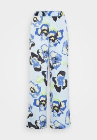 Pantaloni larghi azzurri con un motivo floreale in nero, blu e verde, dotati di una vita elastica per il massimo comfort. Tessuto morbido al tatto.