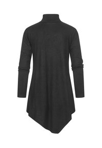 Zwarte, lange mouwen tuniek met een hoge kraag, voorzien van een asymmetrische zoomlijn en een gladde textuur. Minimalistisch ontwerp zonder zichtbare sluitingen.