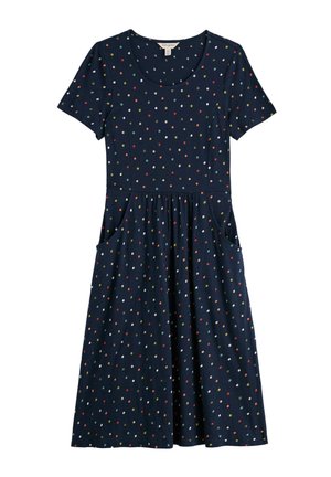 Rochie cu mâneci scurte, bleu închis, cu buline multicolore, decolteu rotund, talie strâmtă și două buzunare frontale.