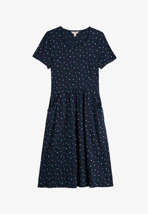 Robe bleu marine à manches courtes avec des pois multicolores, encolure ronde, taille cintrée et deux poches avant.